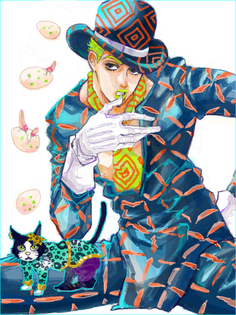 bowler_hat cat egg formal gloves green_hair hat jojo_no_kimyou_na_bouken kira_yoshikage necktie suit tegaki tommy