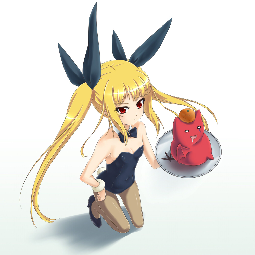 bare_shoulders blazblue blonde_hair bow bowtie breasts brown_legwear bunny_girl bunny_tail bunnysuit cleavage detached_collar gii hair_ribbon hand_on_hip high_heels kneeling leotard long_hair pantyhose rachel_alucard red_eyes ribbon s-no shoes sitting small_breasts smile tail tray twintails wrist_cuffs