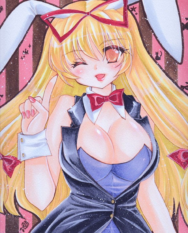 alternate_costume animal_ears bad_id bad_pixiv_id blonde_hair bow bowtie breasts bug bunny_ears bunny_girl bunnysuit butterfly cat cleavage detached_collar fingernails flower hair_bow hair_ribbon heart index_finger_raised insect jacket large_breasts light_particles lips long_hair marker_(medium) mask millipen_(medium) mitsuba_(threeleaf) nail_polish one_eye_closed parted_lips pastel_(medium) red_eyes ribbon rose solo star striped striped_background touhou traditional_media wrist_cuffs yakumo_yukari