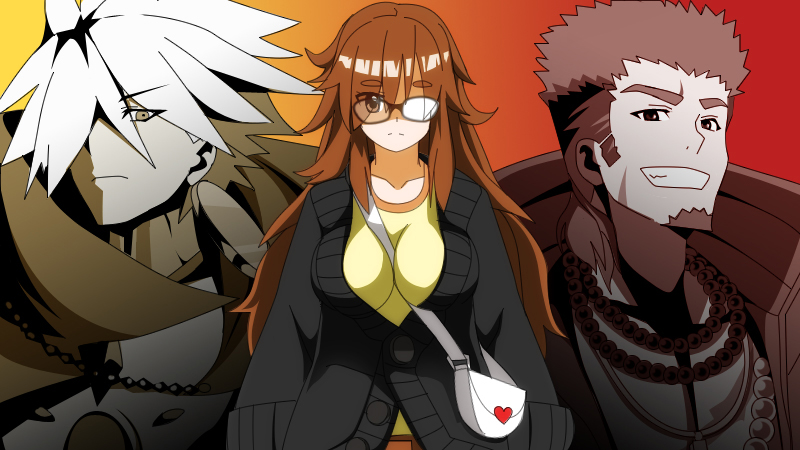 2boys bad_id bad_pixiv_id between_breasts breasts brown_hair collar fate/extra fate/extra_ccc fate_(series) glasses jinako_carigiri karna_(fate) long_hair magi_the_labyrinth_of_magic messy_hair multiple_boys parody scar strap_cleavage style_parody yakitori_(oni)