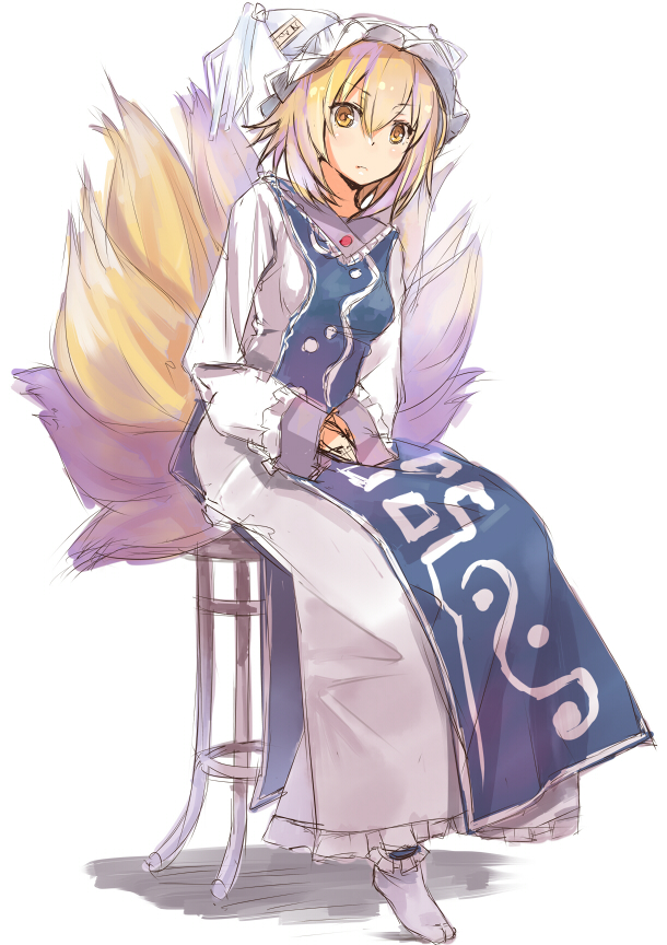 bad_id bad_pixiv_id blonde_hair blush chair dress fox_tail full_body hat long_sleeves looking_at_viewer multiple_tails short_hair simple_background sitting sketch solo stool tabard tail touhou umeboshitora white_background white_dress yakumo_ran yellow_eyes