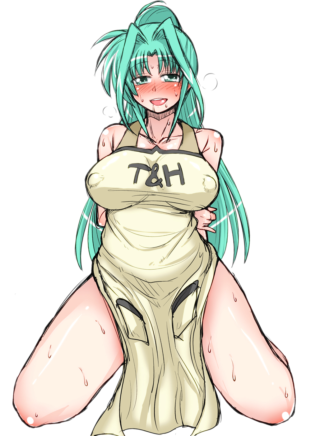apron bare_legs bare_shoulders blush breasts covered_nipples curvy green_eyes green_hair highres large_breasts lindy_harlaown long_hair lyrical_nanoha mahou_shoujo_lyrical_nanoha_innocent mature mitsurugi_tsurugi naked_apron naughty_face open_mouth solo sweat thighs white_background