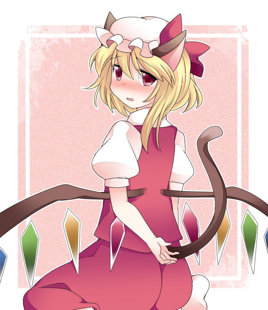 animal_ears ass bad_id bad_pixiv_id blonde_hair blush cat_ears cat_tail flandre_scarlet from_behind hammer_(sunset_beach) hat kemonomimi_mode looking_back red_eyes short_hair skirt skirt_set solo tail touhou