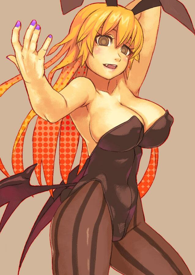 animal_ears blonde_hair breasts brown_eyes bunny_ears bunny_girl bunny_tail bunnysuit cleavage copyright_request demon_wings fang large_breasts leotard long_hair low_wings nail_polish open_mouth outstretched_arm pantyhose purple_nails solo striped striped_legwear tail vertical-striped_legwear vertical_stripes wings yuuji_(and)