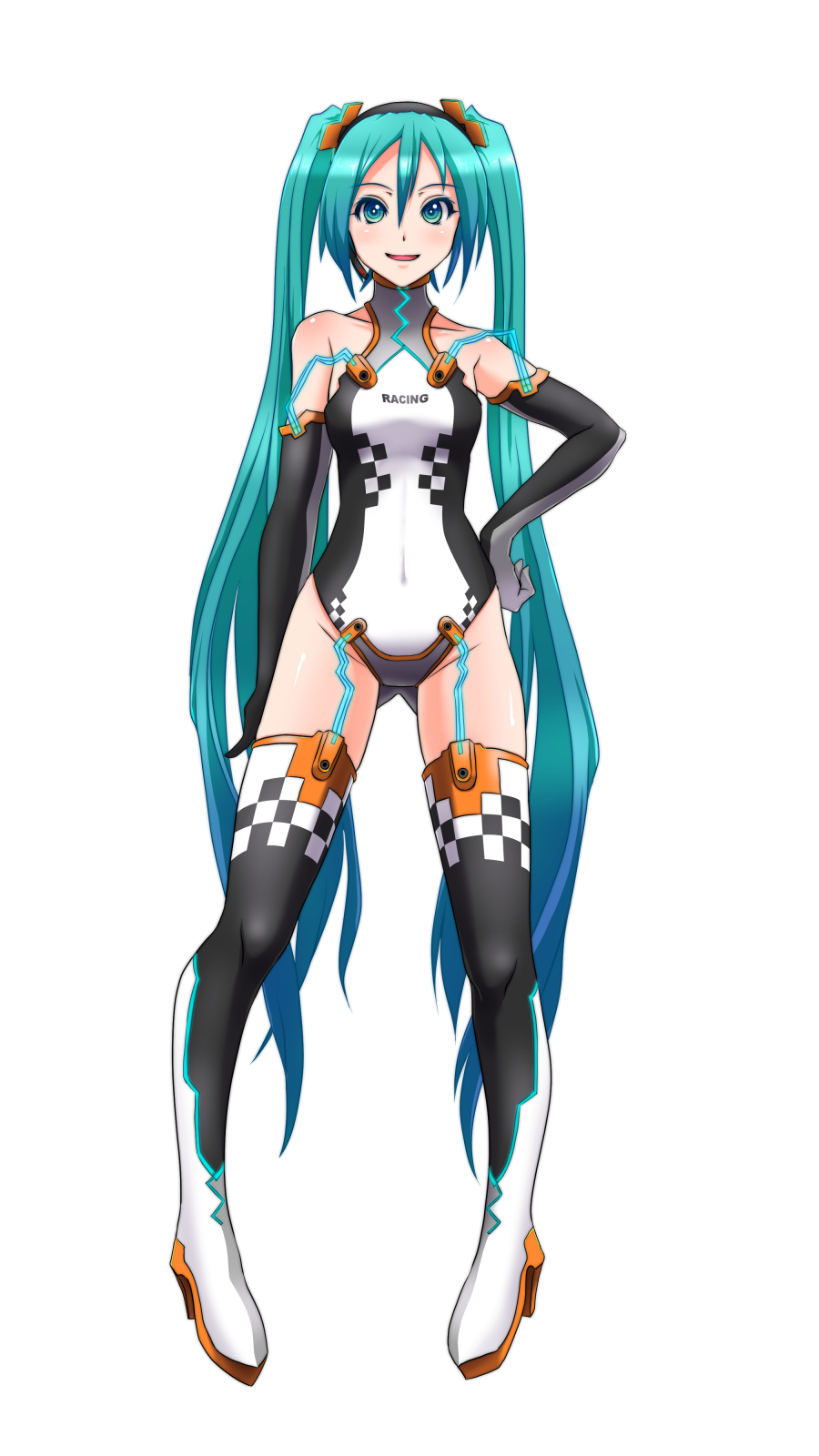 bare_shoulders boots elbow_gloves full_body gloves goodsmile_company goodsmile_racing green_eyes green_hair hand_on_hip hatsune_miku headset high_heels highres leotard long_hair oonishi_shunsuke pigeon-toed race_queen racing_miku shoes simple_background solo thighhighs twintails very_long_hair vocaloid white_background