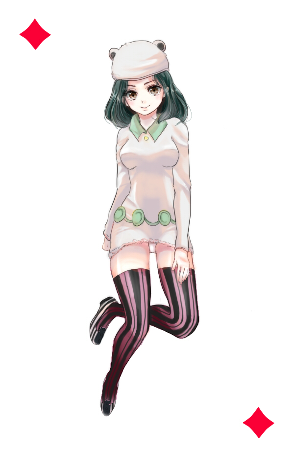 animal_ears black_hair brown_eyes fake_animal_ears hat higashikata_daiya iine508 jojo_no_kimyou_na_bouken jojolion short_hair solo striped striped_legwear thighhighs vertical-striped_legwear vertical_stripes