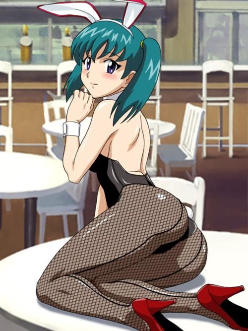 animal_ears aqua_hair arm_support ass back bar bare_back bare_shoulders blue_eyes blush bunny_ears bunny_girl bunny_tail bunnysuit chair detached_collar fishnet_pantyhose fishnets green_hair honjou_mikaze kneeling leotard looking_at_viewer looking_back on_table pantyhose shoes short_hair sitting smile solo stratos_4 table tail twintails wrist_cuffs