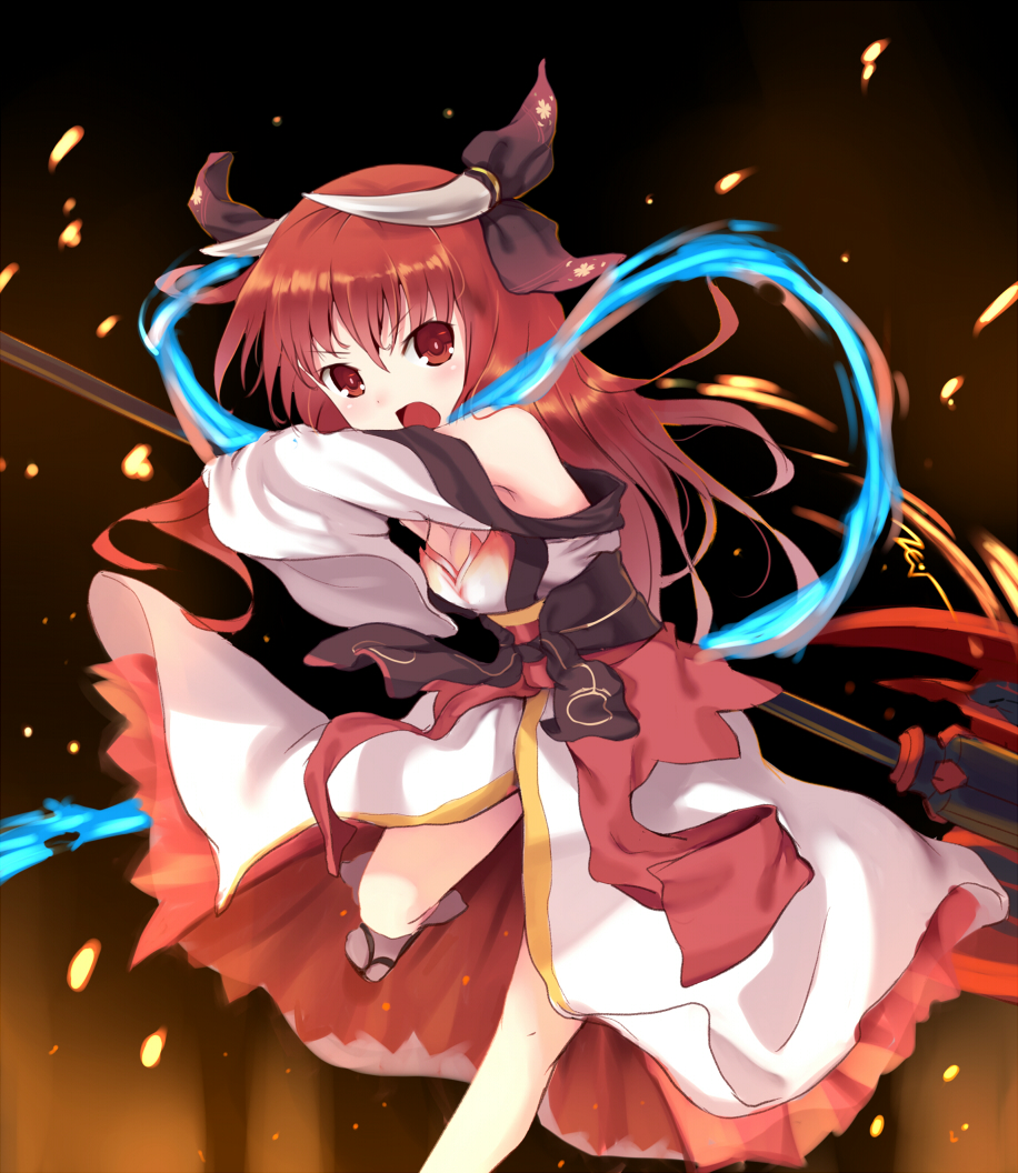 breasts cleavage date_a_live hair_ornament horns itsuka_kotori long_hair long_sleeves nevi_nakuta open_mouth red_eyes red_hair small_breasts solo very_long_hair weapon wide_sleeves