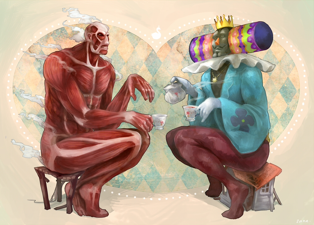 2boys bertholt_fubar colossal_titan crossover crown cup facial_hair giant jewelry katamari_damacy king_of_all_cosmos monster monster_boy multiple_boys muscle mustache necklace nude shingeki_no_kyojin sitting steam tea teacup teapot what
