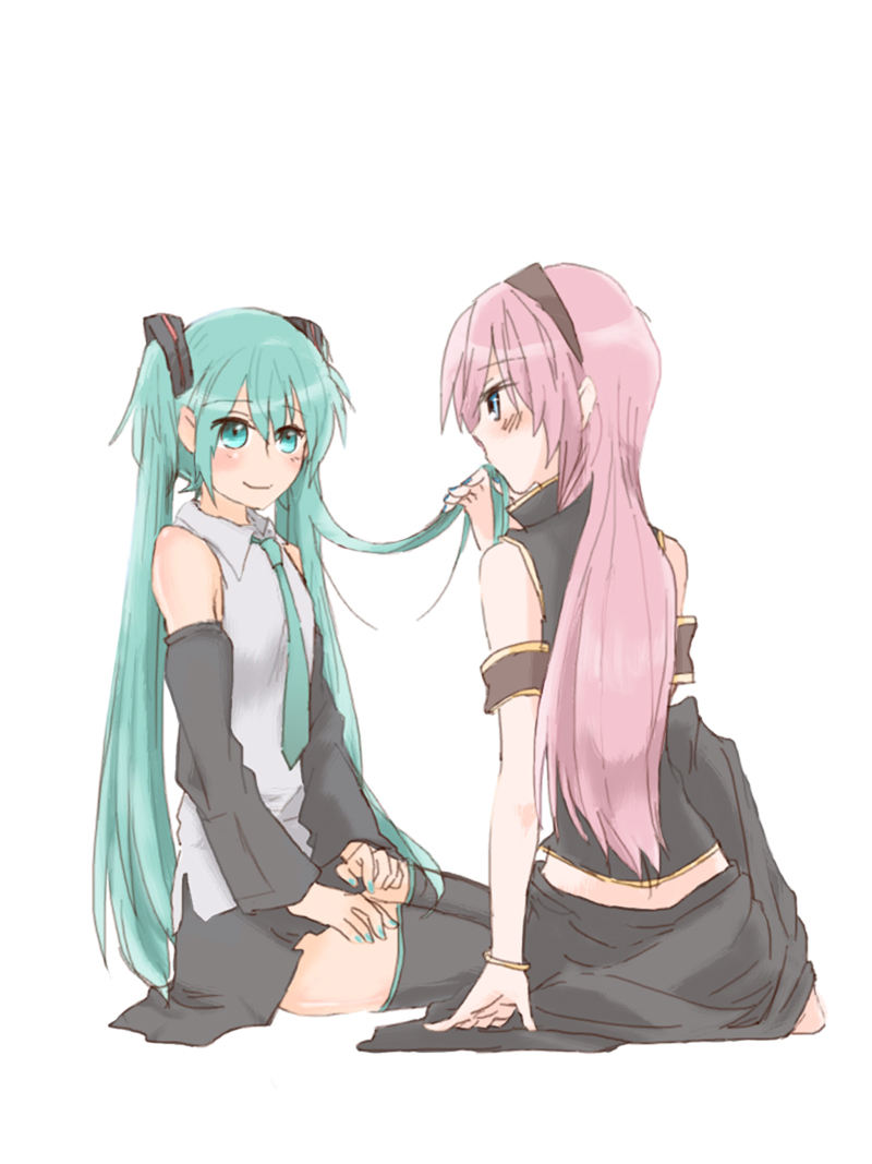 aqua_hair blue_eyes blush hair_kiss hatsune_miku kabidango long_hair megurine_luka multiple_girls pink_hair simple_background sitting smile thighhighs vocaloid yuri zettai_ryouiki