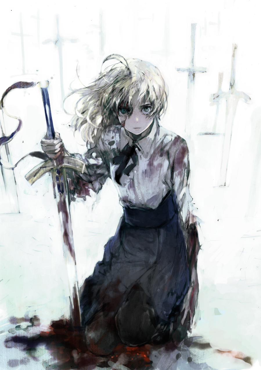 ahoge artoria_pendragon_(all) blonde_hair blood casual dress excalibur fate/stay_night fate_(series) green_eyes hair_ribbon highres injury planted_sword planted_weapon ribbon saber solo sword toi8 weapon