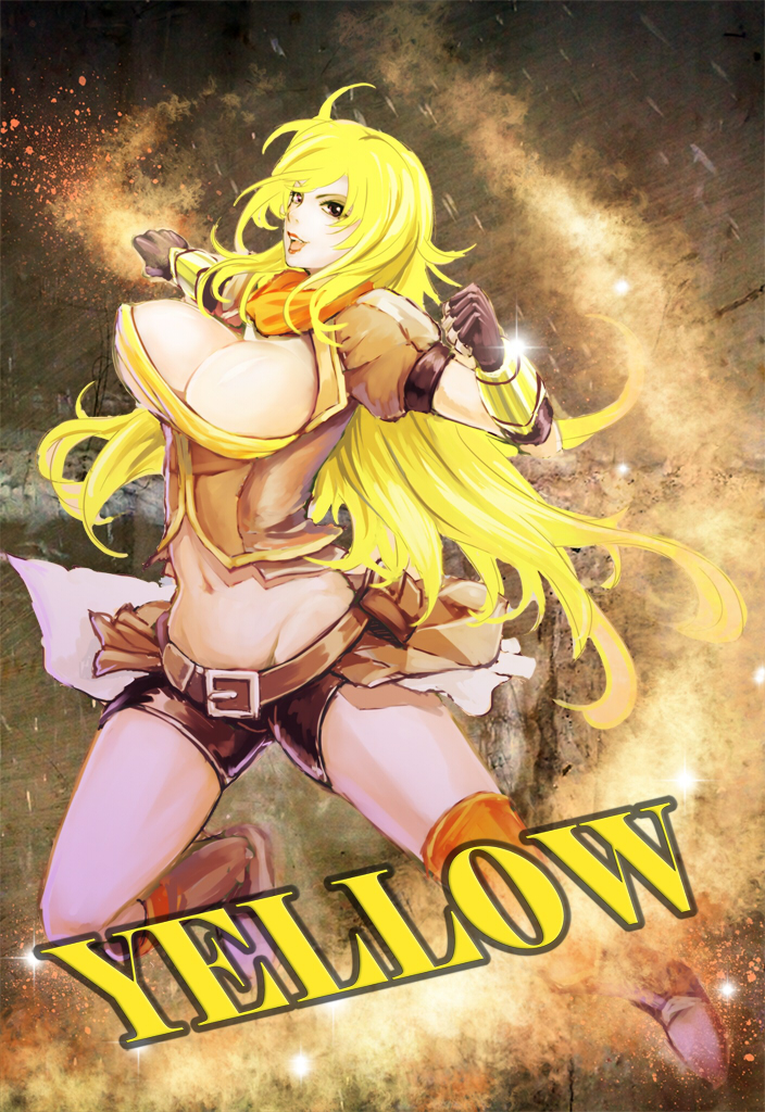1girl blonde_hair bouncing_breasts breasts cleavage fingerless_gloves gauntlets gloves large_breasts long_hair looking_at_viewer midriff open_mouth rwby sen sennoyume smile solo text thighhighs thighs yang_xiao_long