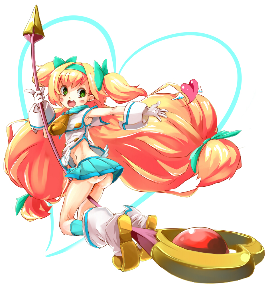 armpits ass bell blazblue blonde_hair blush boots bow full_body gloves green_eyes hair_bow hairband heart heart-shaped_pupils long_hair low-tied_long_hair midriff morikawa_(futomayu) muchourin navel no_panties open_mouth platinum_the_trinity quad_tails ribbon sketch skirt smile socks solo staff symbol-shaped_pupils two_side_up very_long_hair white_background white_gloves