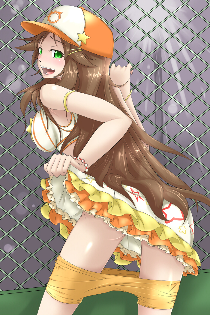 blush brown_hair fence fukuro_(claw) green_eyes hair_ornament hairclip hat himekawa_yuki idolmaster idolmaster_cinderella_girls long_hair open_mouth shorts shorts_pull sleeveless solo star very_long_hair