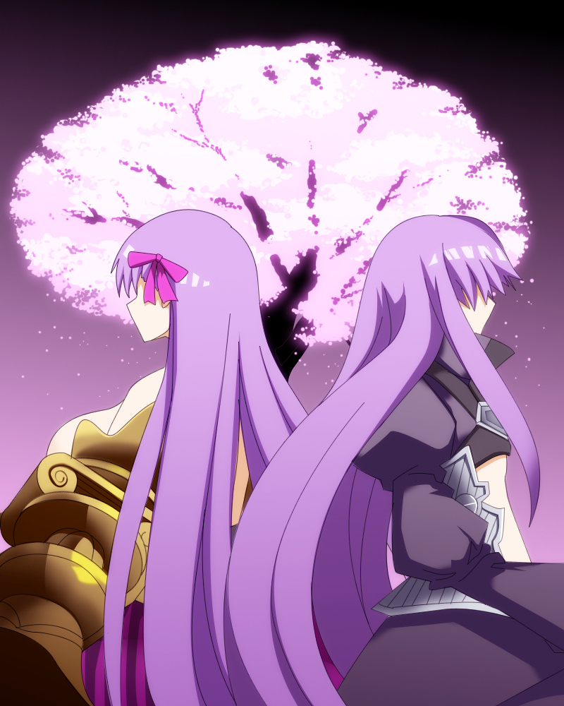 back-to-back bad_id bad_pixiv_id breasts cherry_blossoms claws fate/extra fate/extra_ccc fate_(series) hair_ribbon huge_breasts long_hair magi_the_labyrinth_of_magic meltlilith multiple_girls parody passion_lip purple_hair ribbon style_parody tree very_long_hair yakitori_(oni)