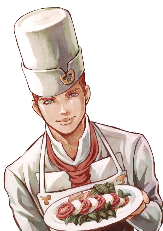 apron chef chef_hat chounorin food hat jojo_no_kimyou_na_bouken male_focus purple_eyes red_hair solo tomato tonio_trussardi upper_body