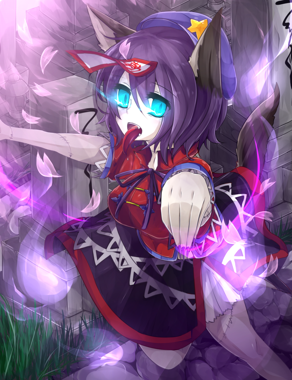 :p animal_ears bad_id bad_pixiv_id blue_eyes blue_hair fang fingernails ghost glowing glowing_eyes graveyard hat highres hitodama jiangshi kaenuco kemonomimi_mode long_fingernails miyako_yoshika ofuda open_mouth outstretched_arms petals scar short_hair skirt solo star stitches tail tombstone tongue tongue_out touhou zombie_pose