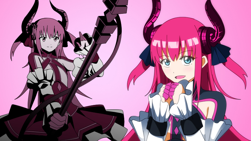 bad_id bad_pixiv_id blue_eyes detached_sleeves dress dual_persona elizabeth_bathory_(fate) elizabeth_bathory_(fate)_(all) fate/extra fate/extra_ccc fate_(series) horns long_hair magi_the_labyrinth_of_magic multiple_girls parody pink_background pink_hair pointy_ears projected_inset sarkany_csont_landzsa style_parody tail two_side_up yakitori_(oni)