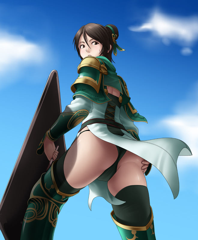 armor ass ass_grab back blue_sky blush brown_eyes brown_hair cloud day from_below grabbing_own_ass green hair_bun looking_back panties pantyshot parted_lips shield shin_sangoku_musou sky solo sweatdrop thighhighs thor_(deep_rising) underwear wind wind_lift xing_cai