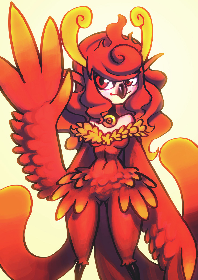 beak bird breasts detached_collar feathered_wings feathers harpy koi_drake long_hair monster_girl original phoenix red_eyes red_hair small_breasts smile solo waving wings
