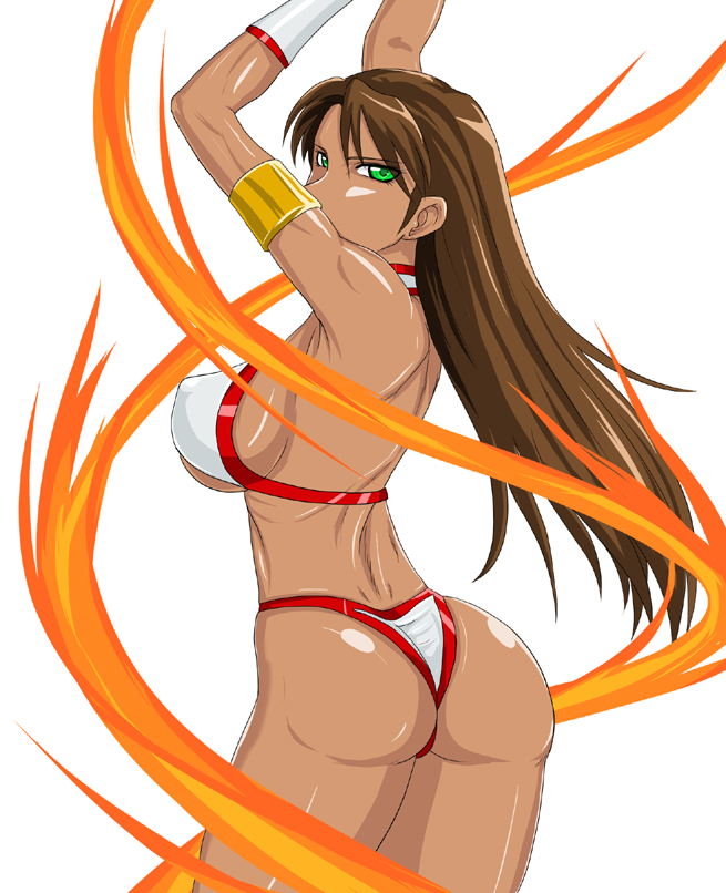1girl ass breasts brown_hair green_eyes large_breasts looking_at_viewer looking_back ml solo tyris_flare