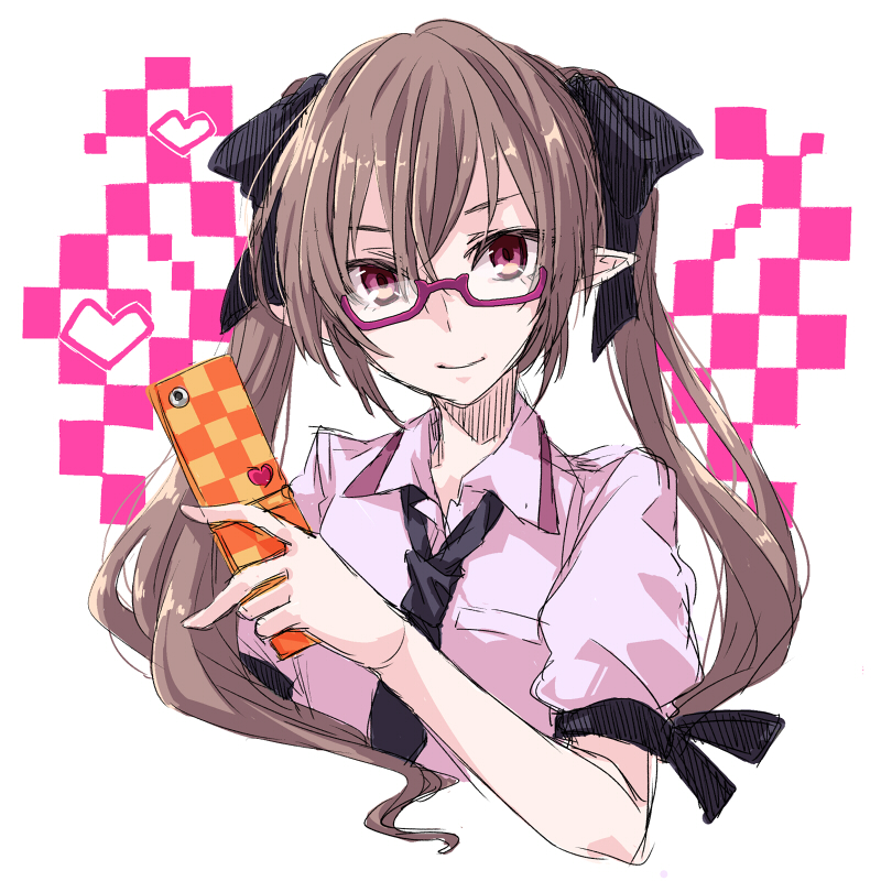 bespectacled brown_eyes brown_hair cellphone glasses hair_ribbon himekaidou_hatate long_hair necktie phone pointy_ears red-framed_eyewear ribbon solo tadano_kagekichi touhou twintails