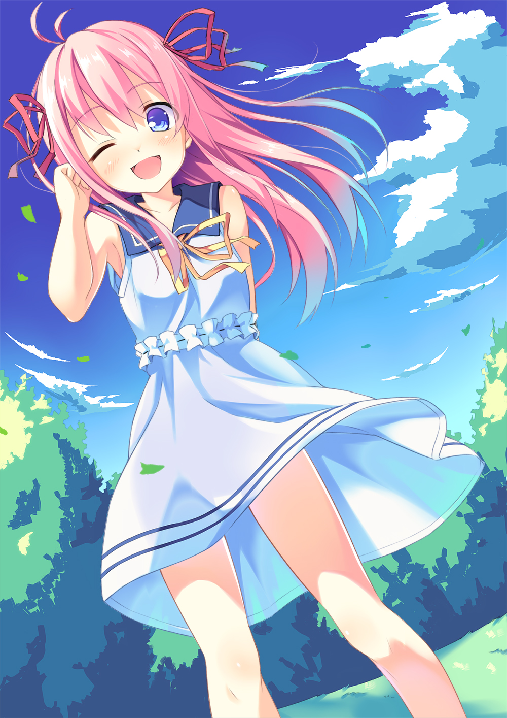 ;d antenna_hair bad_id bad_pixiv_id bare_shoulders blue_eyes blush cloud day dress dutch_angle hair_ribbon highres kinta_(distortion) long_hair looking_at_viewer one_eye_closed open_mouth original pink_hair ribbon sailor_dress sky sleeveless sleeveless_dress smile solo wind wind_lift