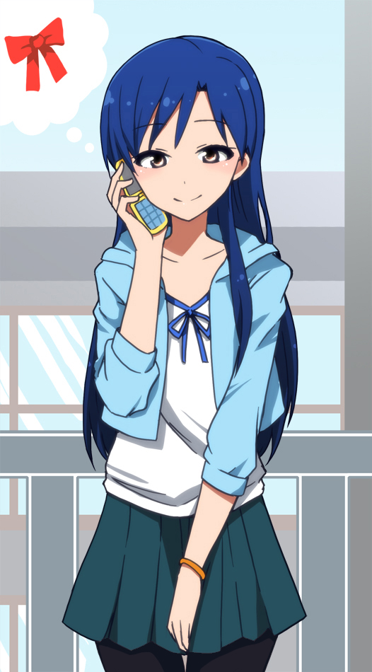 blue_hair bracelet cellphone collarbone day idolmaster idolmaster_(classic) jewelry kidachi kisaragi_chihaya long_sleeves pantyhose phone ribbon silver_eyes sky smile solo