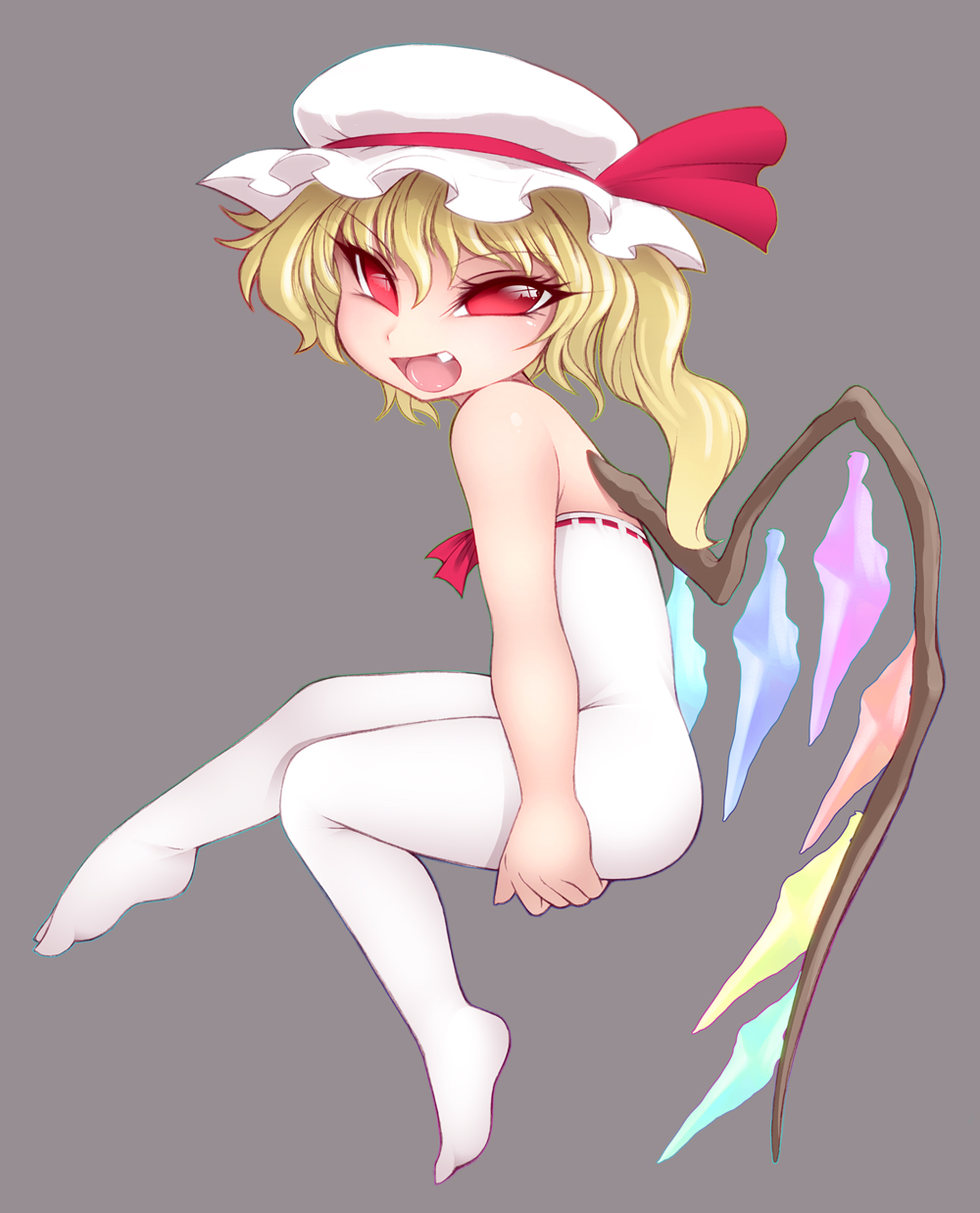 bare_shoulders blonde_hair bodysuit fang flandre_scarlet grey_background hat hat_ribbon highres noise open_mouth red_eyes ribbon short_hair side_ponytail simple_background smile solo touhou white_legwear wings