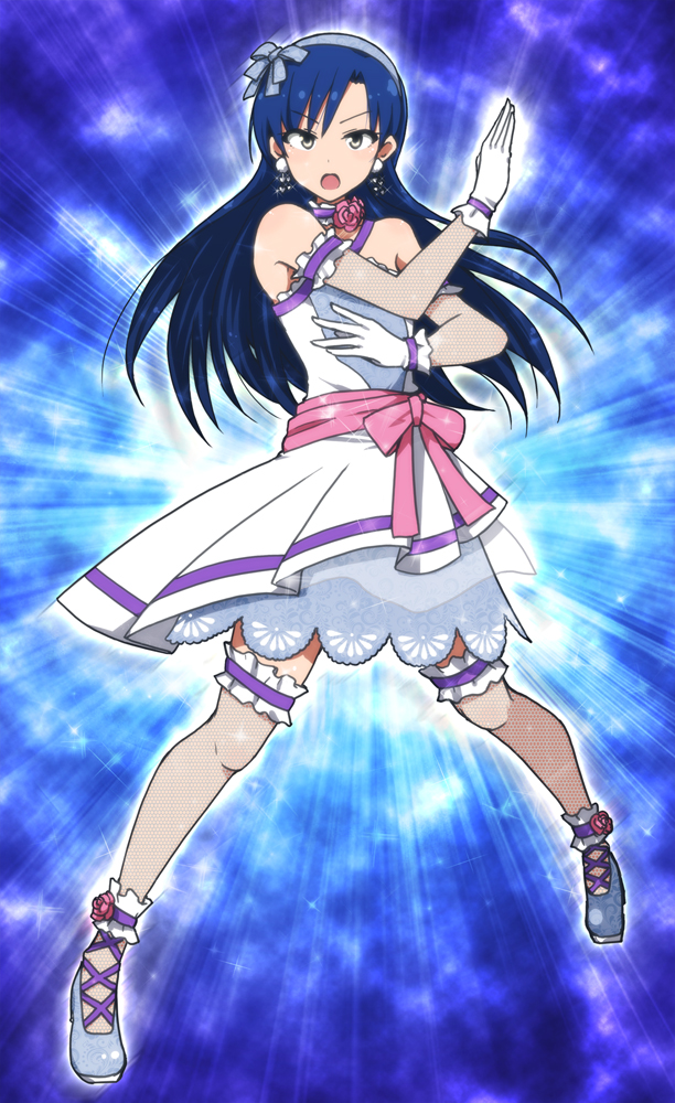 :d bare_shoulders blue_background blue_hair bow dress earrings flower gloves hair_bow hairband idolmaster idolmaster_(classic) jewelry kidachi kisaragi_chihaya leg_garter light_rays long_hair looking_at_viewer open_mouth pink_bow pose simple_background smile solo standing tsurime white_dress yellow_eyes