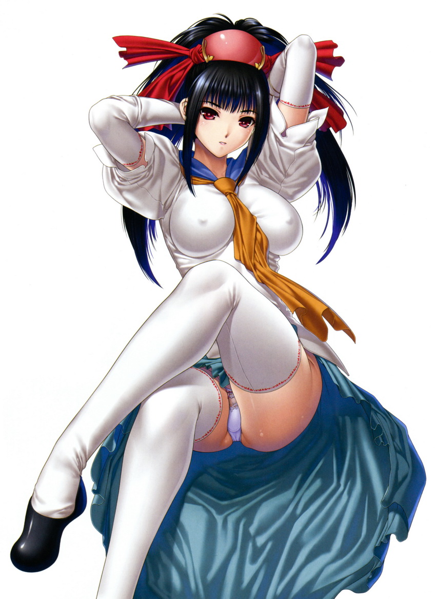 android_c arms_behind_head arms_up bangs black_hair blue_sailor_collar blush bracelet breasts company_connection cosplay covered_nipples crossed_legs elbow_gloves gloves hair_ribbon headdress impossible_clothes impossible_shirt instant_brain iruma_kamiri jewelry lace lace-trimmed_panties large_breasts legs lingerie long_hair long_legs long_skirt looking_at_viewer mushihime-sama necktie official_art panties pantyshot pantyshot_(sitting) pose puffy_sleeves reco reco_(cosplay) red_eyes ribbon sailor_collar scan school_uniform serafuku shirt shoes short_sleeves sidelocks simple_background sitting skirt smile solo thighhighs thighs twintails underwear upskirt white_background white_gloves white_legwear white_panties