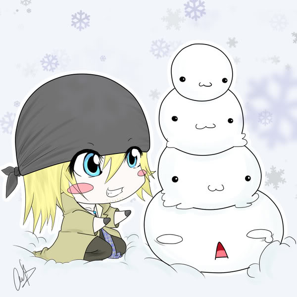 1boy :3 bandanna blonde_hair blue_eyes blush_stickers chibi facial_hair final_fantasy final_fantasy_xiii gloves grin jewelry kneeling necklace smile snow snow_villiers snowflakes stacked stacking stubble trench_coat