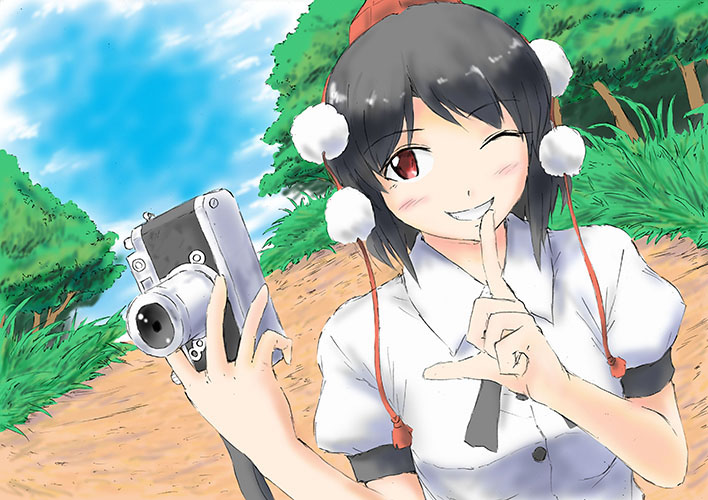 black_hair camera finger_to_mouth hat looking_at_viewer one_eye_closed red_eyes shameimaru_aya short_hair solo tokin_hat touhou vent_arbre