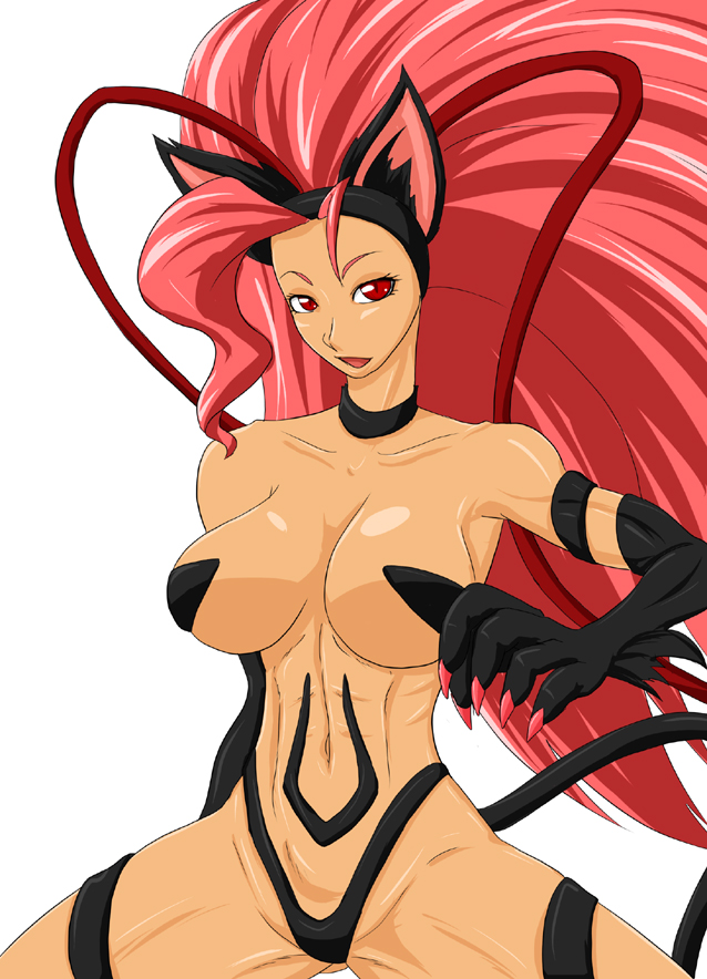 1girl animal_ears breasts capcom cat_ears cat_paws cat_tail felicia fur large_breasts ml paws red_hair simple_background solo tail vampire_(game)