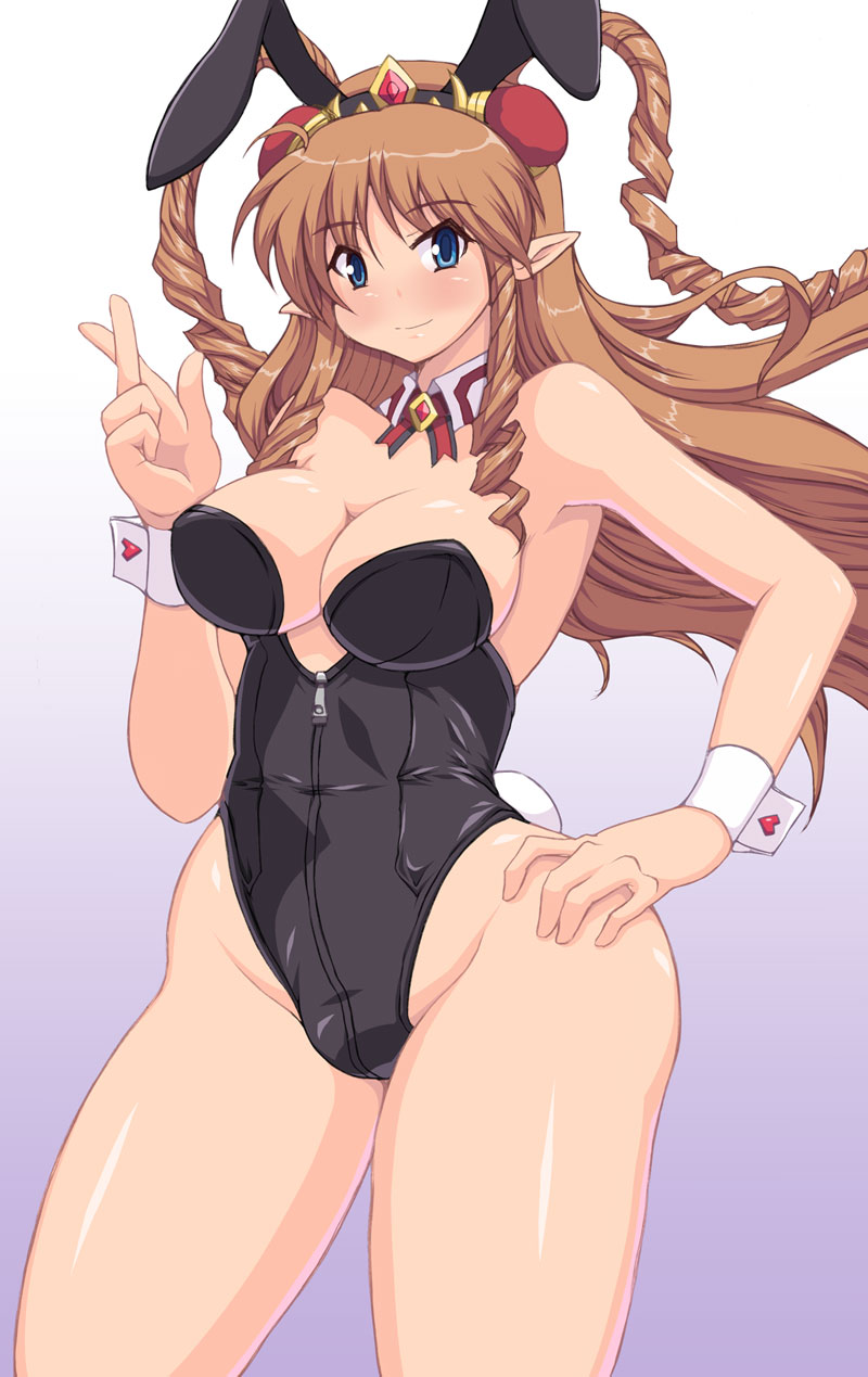 animal_ears bare_legs blue_eyes breasts brown_hair bunny_ears bunny_girl bunny_tail bunnysuit cleavage detached_collar drill_hair highres kihaiu large_breasts leotard long_hair neige_hausen pointy_ears ribbon super_robot_wars super_robot_wars_og_saga_mugen_no_frontier super_robot_wars_og_saga_mugen_no_frontier_exceed tail wrist_cuffs zipper