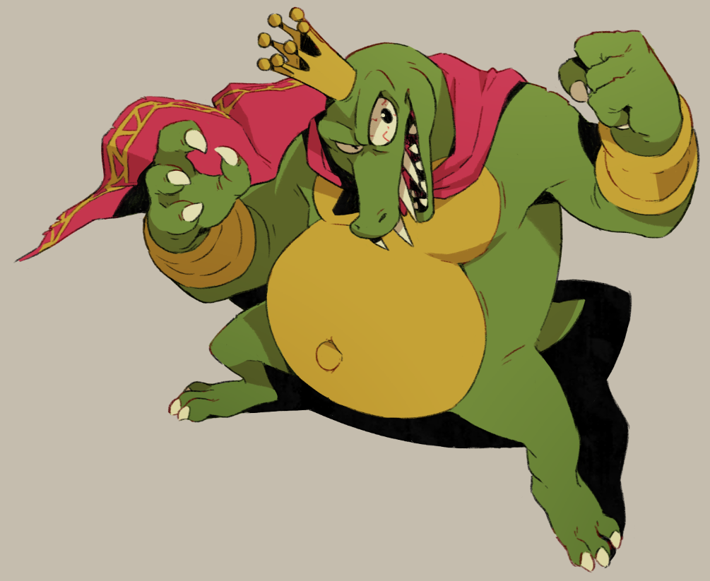 2018 anthro bloodshot_eye bracelet cape claws clothed clothing crocodilian crown digital_media_(artwork) donkey_kong_(series) harrison_bright jewelry king_k_rool male nintendo open_mouth reptile royalty scalie sharp_teeth simple_background smile solo standing teeth tongue video_games