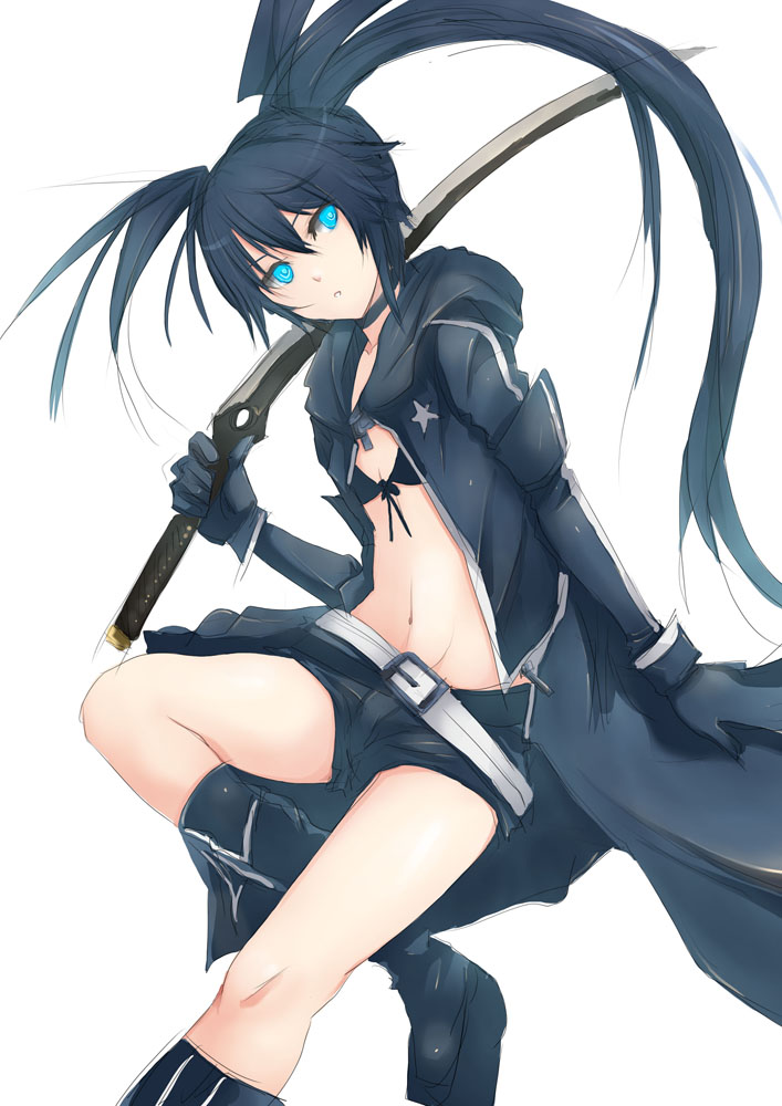belt bikini_top black_gloves black_hair black_rock_shooter black_rock_shooter_(character) blue_eyes boots chikuwa_udon choker collarbone elbow_gloves fingerless_gloves flat_chest gloves glowing glowing_eye long_hair looking_at_viewer loose_belt midriff navel short_shorts shorts simple_background solo sword twintails weapon white_background