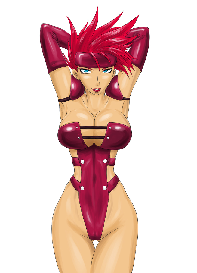 1girl breasts galaxy_fight juri_(galaxy_fight) large_breasts lipstick makeup ml red_hair simple_background solo