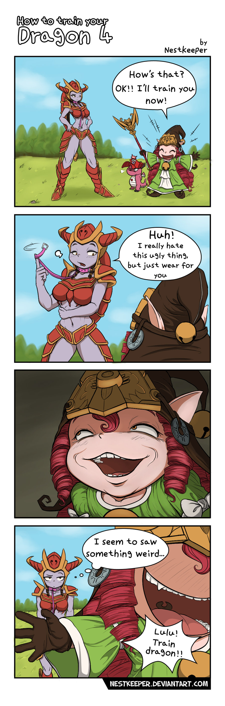 absurdres alternate_costume armor brown_hair collar comic hat highres league_of_legends long_hair lulu_(league_of_legends) multiple_girls nestkeeper pink_hair pix ranguage shyvana troll_face watermark witch_hat yellow_eyes