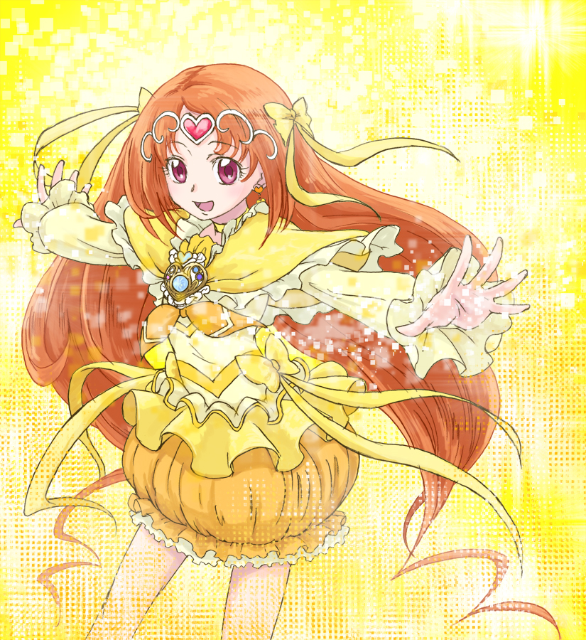 bow brooch bubble_skirt capelet choker cure_muse_(yellow) hair_ornament hair_ribbon heart jewelry long_hair looking_at_viewer magical_girl orange_hair orange_skirt precure red_eyes ribbon shirabe_ako skirt solo suite_precure tiara uyoshi very_long_hair yellow yellow_bow yellow_choker