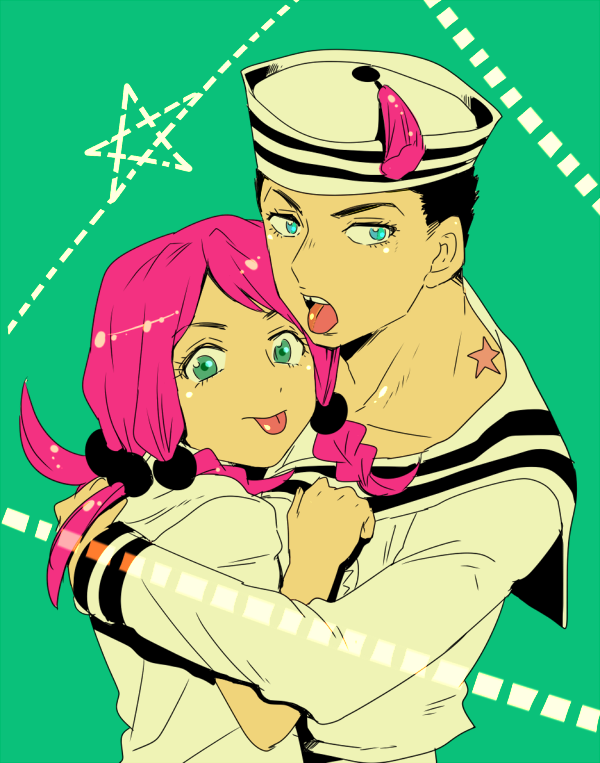 :p birthmark black_hair blue_eyes dixie_cup_hat green_eyes hair_bobbles hair_ornament hat higashikata_jousuke_(jojolion) hirose_yasuho joestar_birthmark jojo_no_kimyou_na_bouken jojolion komakura military_hat pink_hair sailor star tongue tongue_out