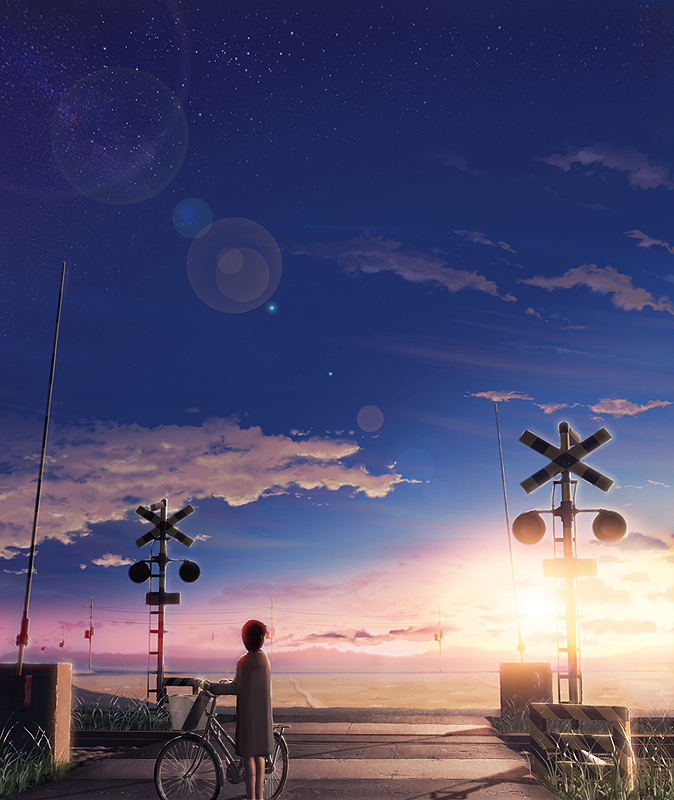 backlighting bicycle bicycle_basket blue_sky cloud coat dusk facing_away field from_behind grass ground_vehicle horizon lens_flare long_sleeves ominae original outdoors power_lines railroad_crossing railroad_tracks short_hair sky solo star_(sky) starry_sky sun sunset