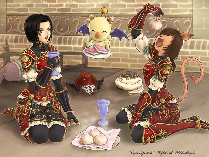 animal_ears artist_request black_hair brown_hair cat_ears final_fantasy final_fantasy_xi food mihli_aliapoh mithra moogle multiple_girls najelith tail thighhighs