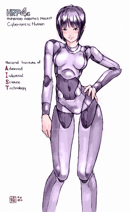 android black_eyes black_hair blush hand_on_hip hrp-4c kotatsu-spirit real_life real_life_insert robot_joints short_hair signature simple_background sketch smile solo white_background wide_hips