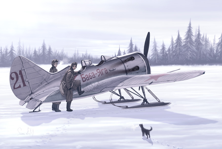 aircraft airplane copyright_request cyrillic dog i-16 multiple_girls pilot russian same_(carcharodon) snow soldier soviet world_war_ii
