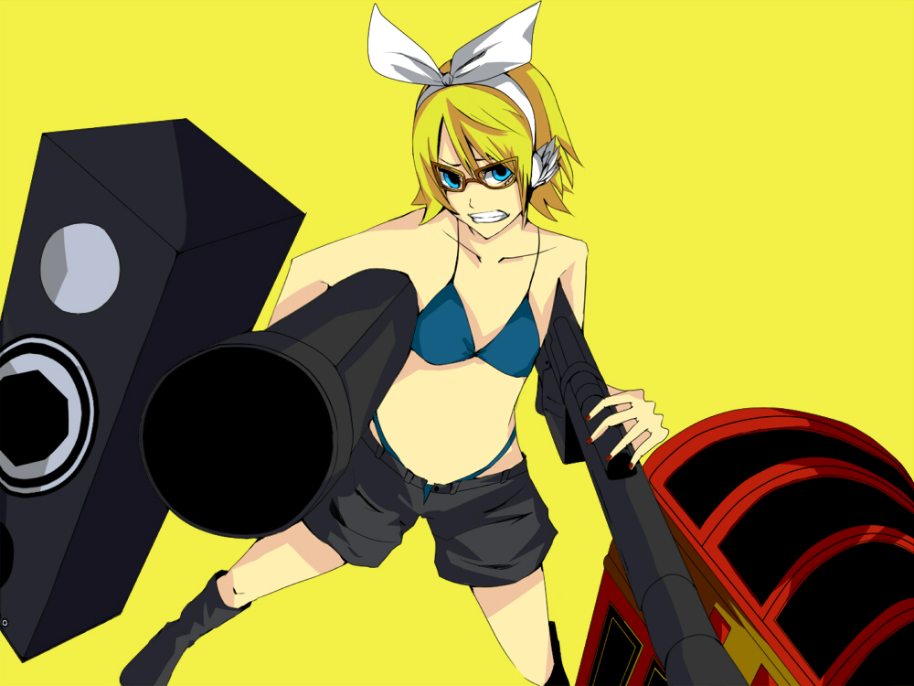 bazooka bespectacled bikini_top blonde_hair blue_eyes boots bow flat_chest glasses grin hair_bow head_wings kagamine_rin noroi_no_megane_(vocaloid) orgia puffy_shorts short_hair shorts smile solo speaker treasure_chest vocaloid weapon