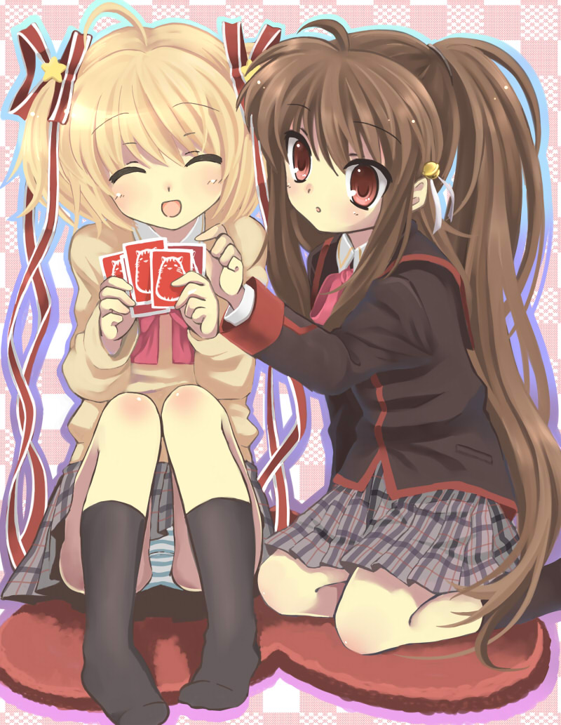 :d bad_id bad_pixiv_id black_legwear card closed_eyes hair_ribbon hanabana_tsubomi happy holding holding_card kamikita_komari little_busters! long_hair multiple_girls natsume_rin open_mouth panties plaid plaid_skirt ponytail ribbon school_uniform sitting skirt smile socks striped striped_panties underwear very_long_hair