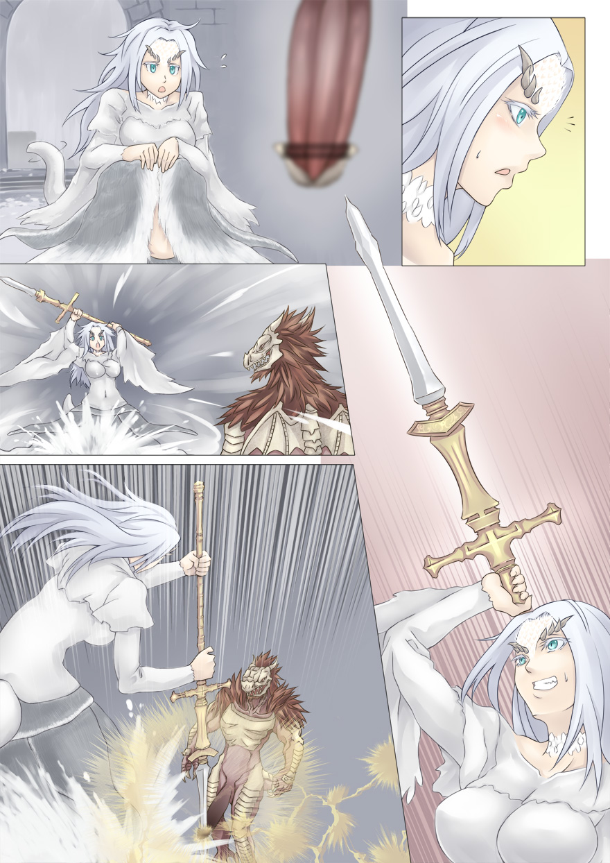bar_censor battle blue_eyes breasts censored chosen_undead comic dark_souls dress emphasis_lines eyebrows fur highres jiete large_breasts long_hair monster_girl penis polearm priscilla_the_crossbreed reverse_grip silent_comic souls_(from_software) spear squatting sweatdrop sword thick_eyebrows weapon white_hair
