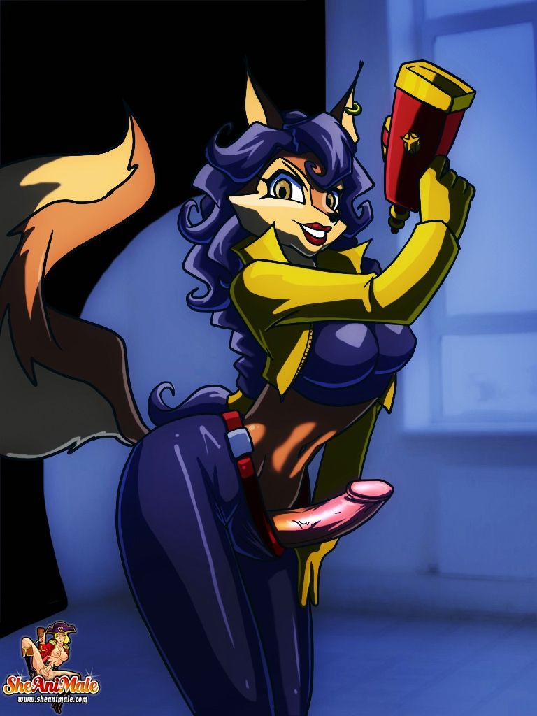 amber_eyes breasts canine carmelita_fox clothing dickgirl ear_piercing fox hair intersex lipstick looking_at_viewer mammal penis piercing police ponytail sheanimale sly_cooper sly_cooper_(series) solo