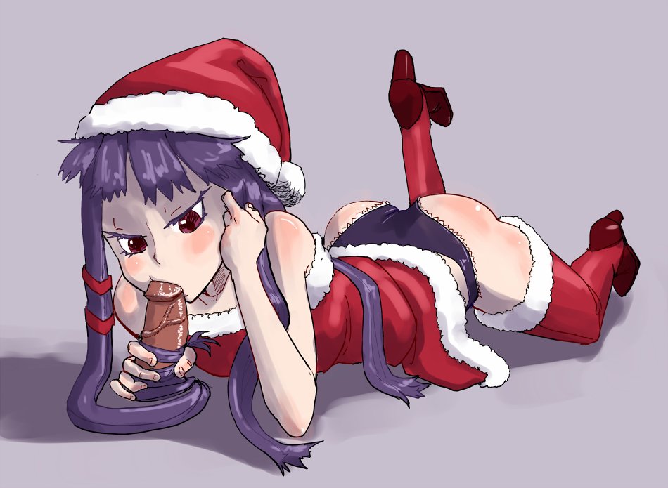 ar_tonelico ar_tonelico_ii ass black_panties boots disembodied_penis dress fellatio formerly hair_tubes hairjob hat jakuri long_hair lying off-shoulder_dress off_shoulder on_stomach oral panties penis purple_hair red_eyes santa_costume santa_hat solo thigh_boots thighhighs uncensored underwear